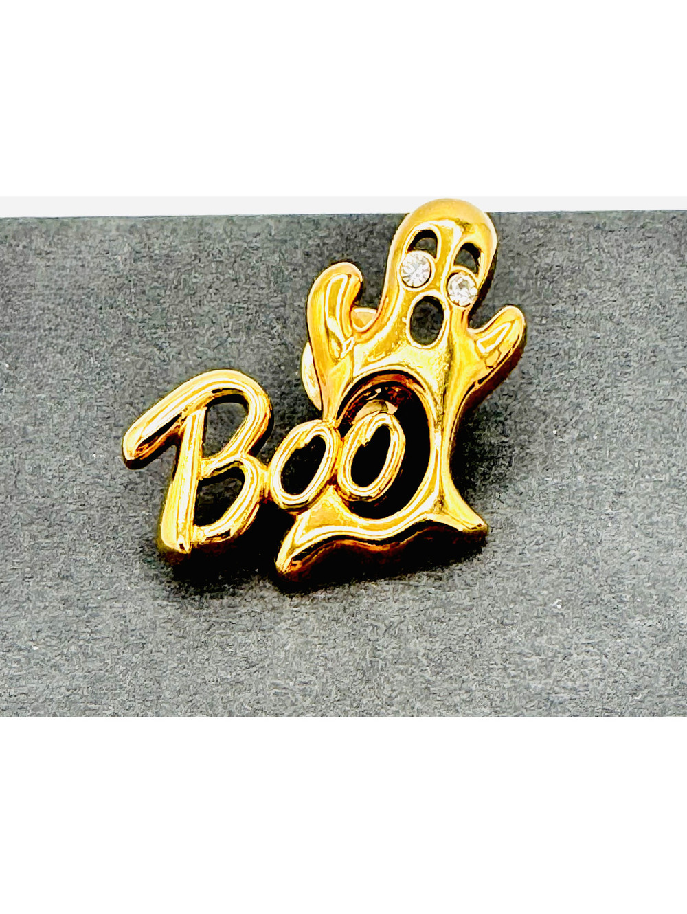 Vintage Avon shiny gold tone Boo ghosts with rhinestone eyes pin